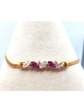 14 kt Gold-plated Herringbone   Bracelet With Synthetic Rubies and CZ's
